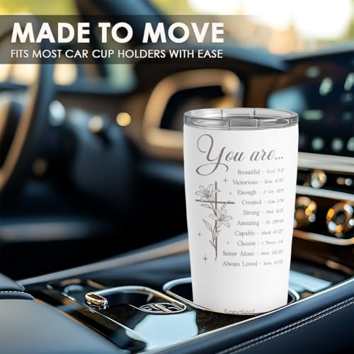 ▶ Vaso cristiano de 20 onzas, taza de viaje de acero inoxidable con tapa, taza de café con aislamiento, regalos cristianos para mujeres, niñas, amigos, hermanas en cumpleaños, Navidad