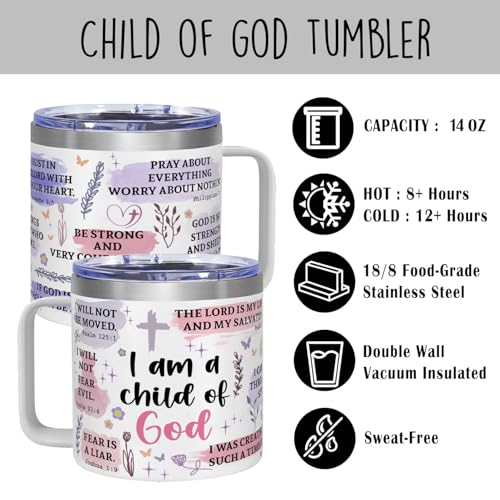 ▶ Vaso con texto en inglés "I Am A Child Of God", taza cristiana de viaje con versículo bíblico, regalo inspirador de cumpleaños, bautismo o fe católica para mujeres.