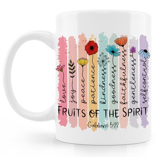 ▶ Taza de café cristiana con flores coloridas, regalos cristianos para la fe de las mujeres, regalos de verso de la Biblia, fruta del espíritu, taza de café de cerámica de 11 onzas