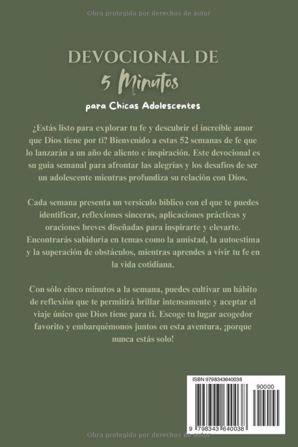 Devocional De 5 Minutos para Chicas Adolescentes: 52 semanas inspirando reflexiones diarias para construir confianza, crecer en la fe y navegar los ... con la sabiduría de Dios (Spanish Edition)