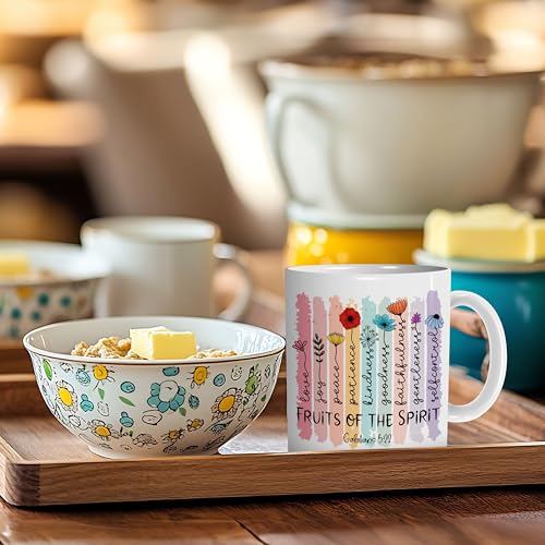 ▶ Taza de café cristiana con flores coloridas, regalos cristianos para la fe de las mujeres, regalos de verso de la Biblia, fruta del espíritu, taza de café de cerámica de 11 onzas