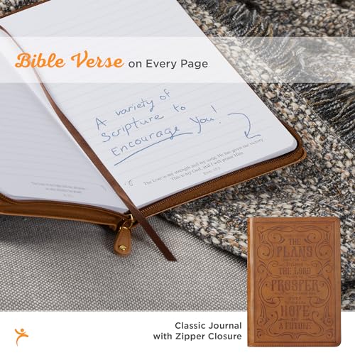 Classic Faux Leather Journal for I Know the Plans Jeremiah 29:11 Bible Verse Bible Verse Brown Inspirational Notebook, Lined Pages W/Scripture, Ribbon Marker, Zipper Closure