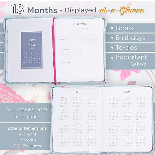 Christian Art Gifts 2024 18 Month Women's Large Vegan Leather Personal Planner Organizer w/Zipper Closure: Strength & Dignity Bible Verse for Daily, Weekly, Monthly Planning, Pink & Blue Multi Floral