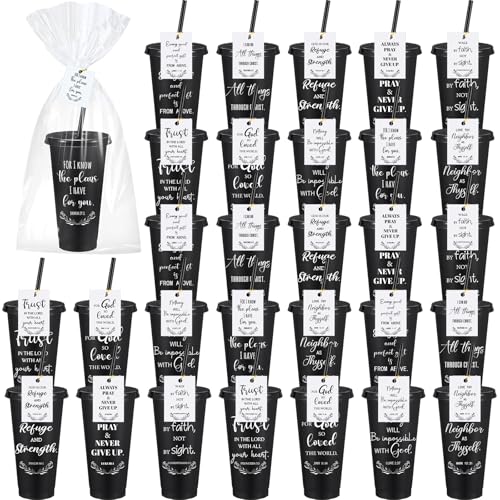 ▶ Vasos de regalo cristianos de Navidad a granel de 24 onzas con tapa con popote, tarjeta de escritura, regalo de agradecimiento para empleados, taza religiosa para profesores, enfermeras