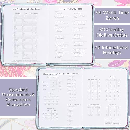 Christian Art Gifts 2024 18 Month Women's Large Vegan Leather Personal Planner Organizer w/Zipper Closure: Strength & Dignity Bible Verse for Daily, Weekly, Monthly Planning, Pink & Blue Multi Floral