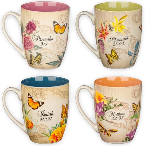 ▶ Juego de tazas de café y té de cerámica floral con texto en inglés "Hope, confianza, fe, amor", 4 tazas de lujo medianas de 12 onzas, con mariposas y versículos de la Biblia,