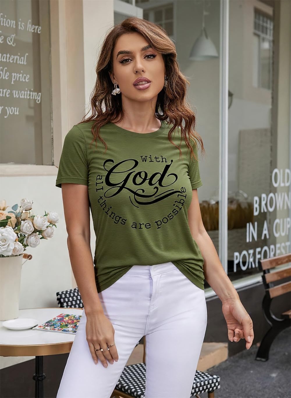 ▶ Camiseta para mujer con Dios Todas las Cosas son Possible, camiseta de Fe Sayings Cristiano Verano Jesús Gráfico Camiseta Casual, Verde ejército, XL