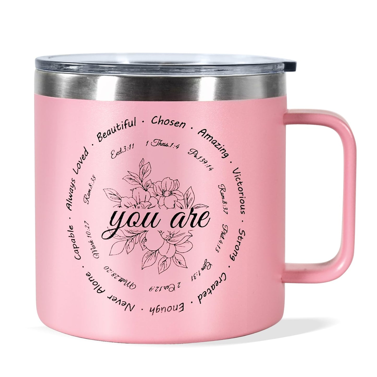 ▶ Regalos cristianos para mujeres, taza de café de 14 onzas, regalos inspiradores, taza de versículo de la Biblia, vaso aislado al aspiradora de acero inoxidable con estampados de flores, aprecia