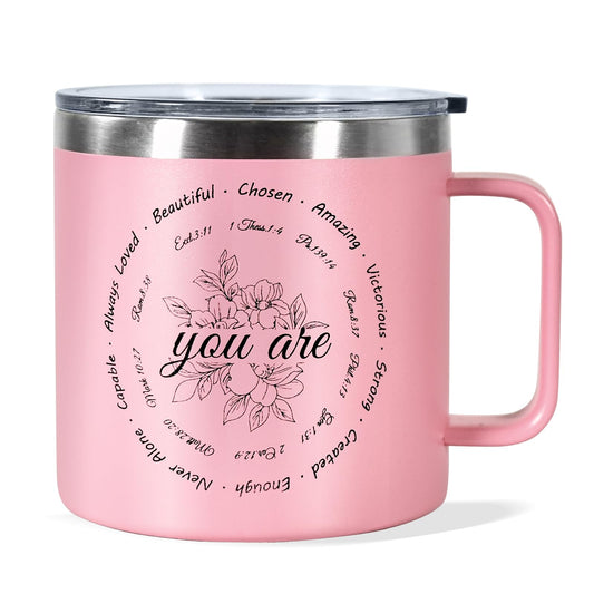 ▶ Regalos cristianos para mujeres, taza de café de 14 onzas, regalos inspiradores, taza de versículo de la Biblia, vaso aislado al aspiradora de acero inoxidable con estampados de flores, aprecia
