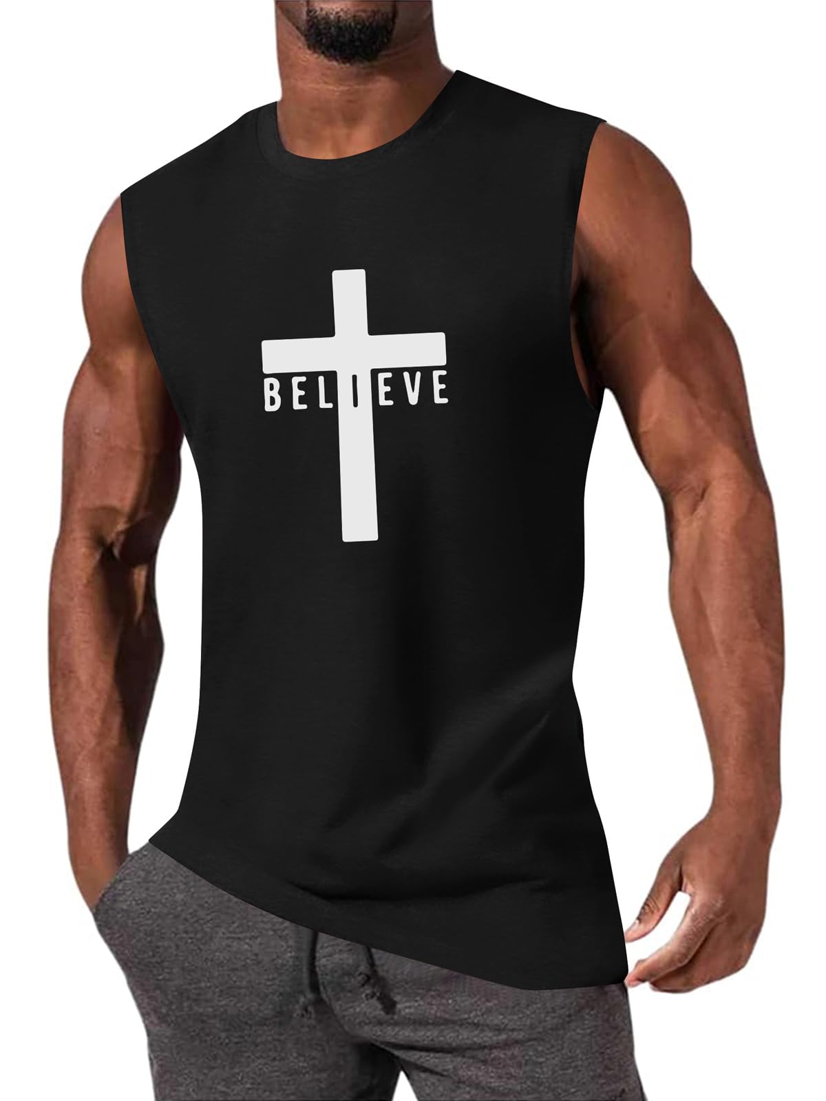 ▶ Playera sin mangas de algodón para hombre, diseño de Jesús Cross Believe, con estampado de fe, Negro -, M