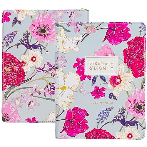 Christian Art Gifts 2024 18 Month Women's Large Vegan Leather Personal Planner Organizer w/Zipper Closure: Strength & Dignity Bible Verse for Daily, Weekly, Monthly Planning, Pink & Blue Multi Floral