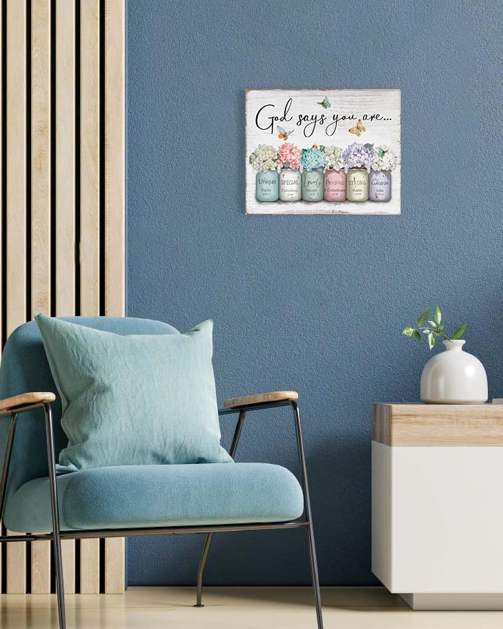 ▶ Arte de pared inspirador versículo bíblico: Dios dice que eres refranes de pared, flores en frasco de masón, impresión cristiana, citas, póster para mujeres, niñas, decoración de recámara, 12 x 15