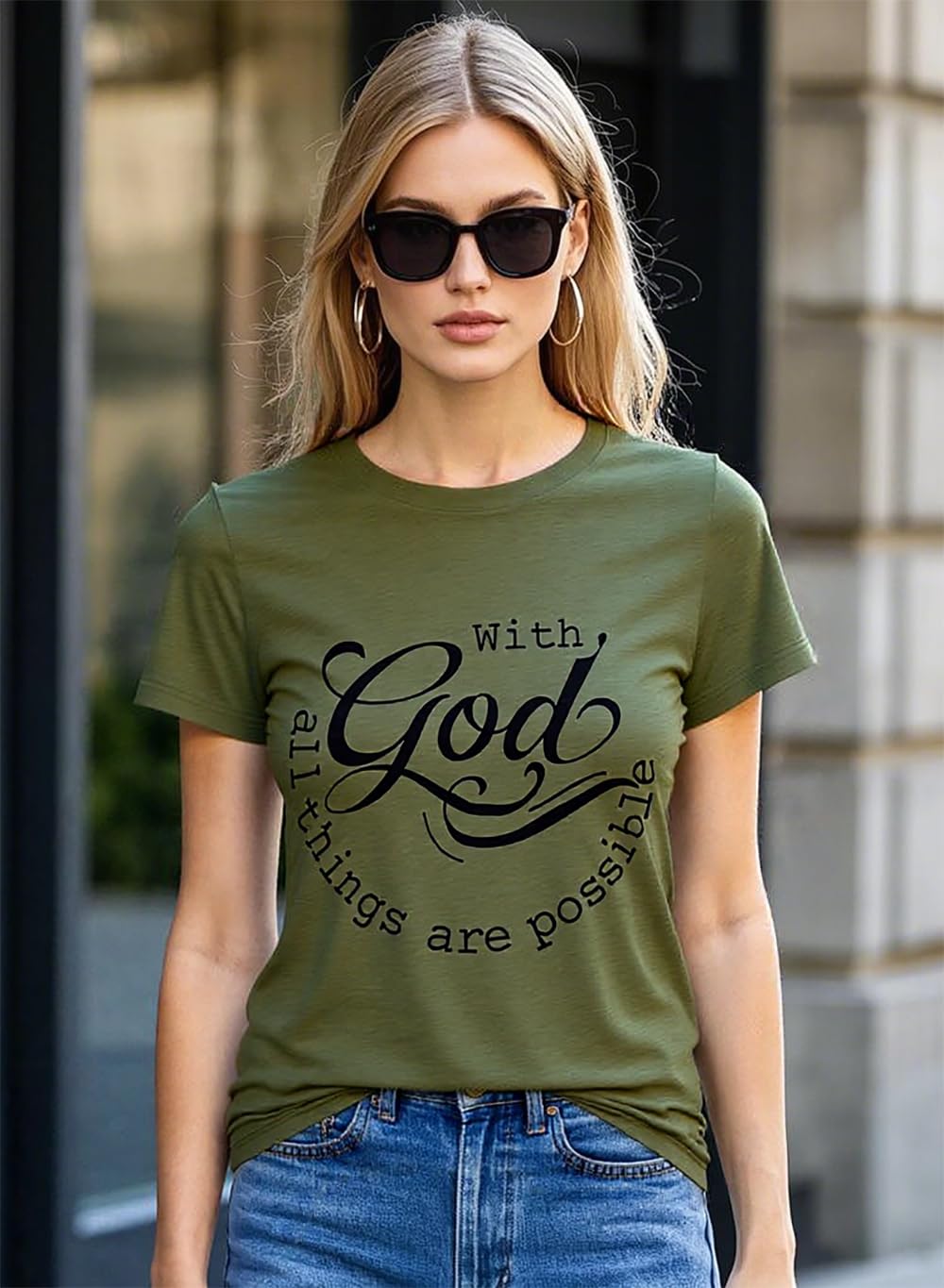 ▶ Camiseta para mujer con Dios Todas las Cosas son Possible, camiseta de Fe Sayings Cristiano Verano Jesús Gráfico Camiseta Casual, Verde ejército, XL