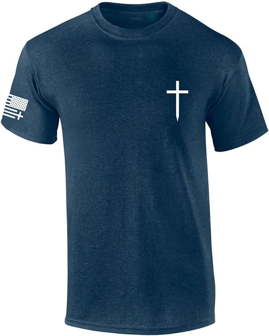 ▶ Camisa cristiana para hombre, con escudo cruzado de fe, manga con bandera americana, playera gráfica, Azul marino (Heather Navy), M