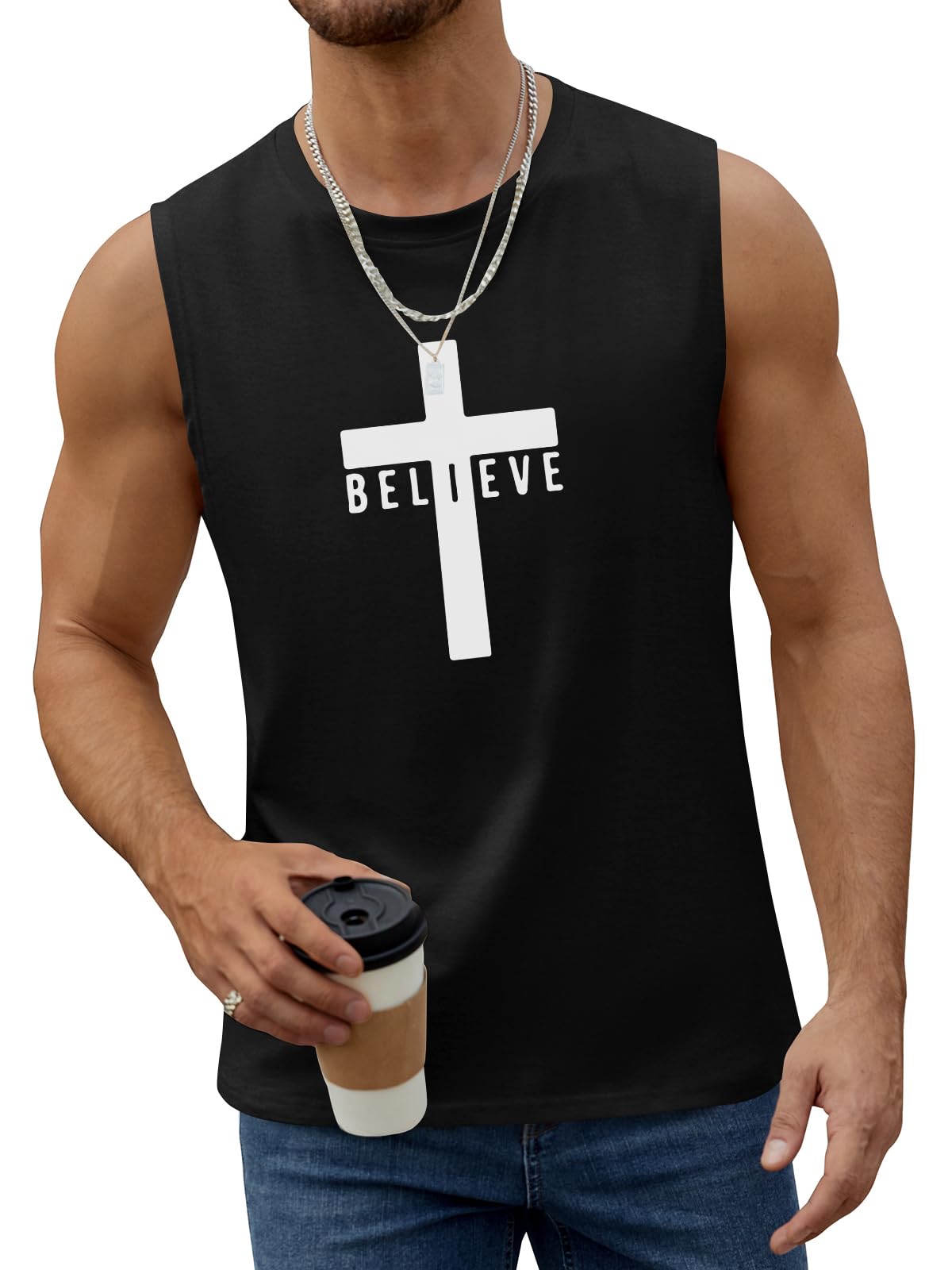 ▶ Playera sin mangas de algodón para hombre, diseño de Jesús Cross Believe, con estampado de fe, Negro -, M