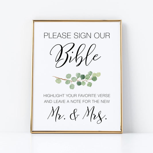 Letrero de libro de visitas de la Biblia para boda, (1) 8 x 10 pulgadas, verde de eucalipto en papel grueso de cartulina, por favor, firma nuestro libro de invitados de la Biblia para recepción, no enmarcado