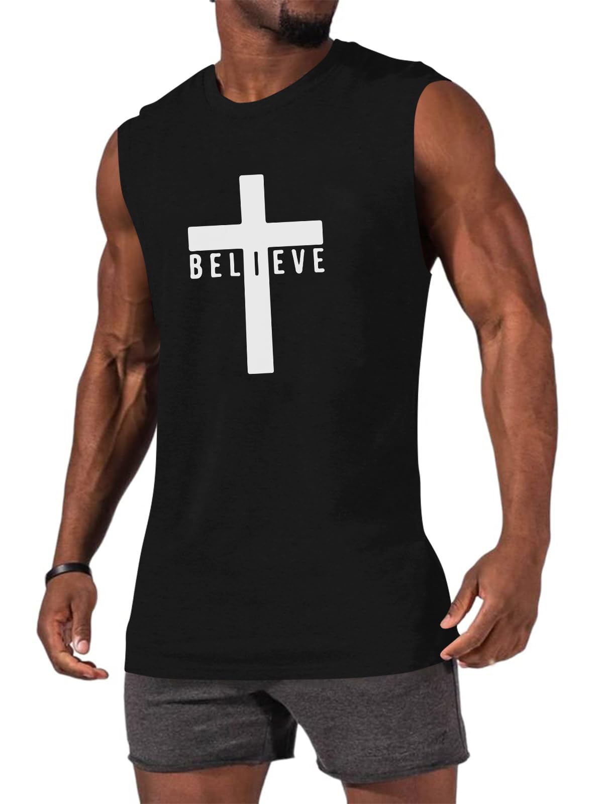 ▶ Playera sin mangas de algodón para hombre, diseño de Jesús Cross Believe, con estampado de fe, Negro -, M