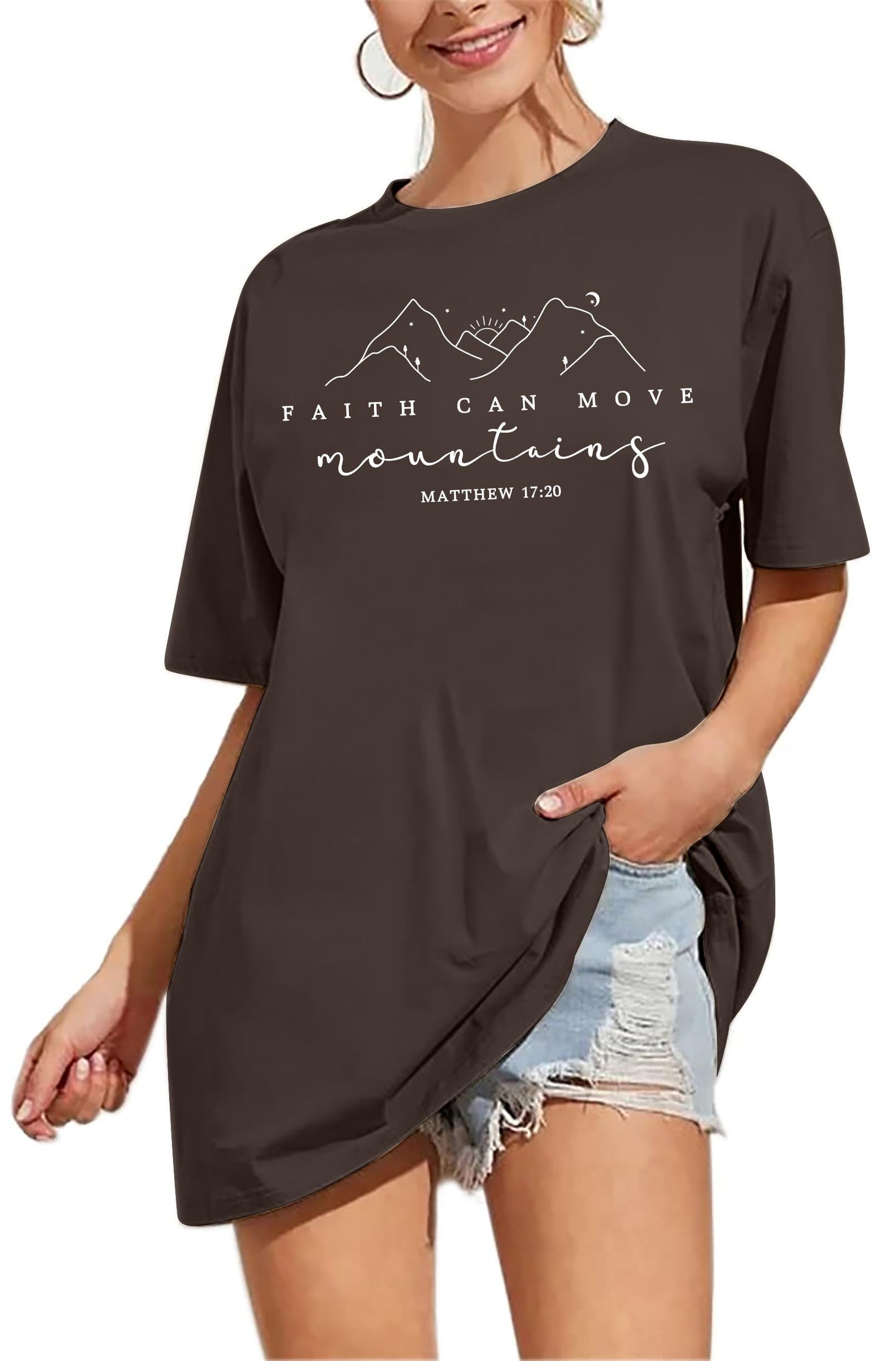 ▶ Camisetas de gran tamaño para mujer, camisas cristianas de fe sobre el miedo, camisetas de Jesús, holgadas, informales, religiosas, marrón (3), Small