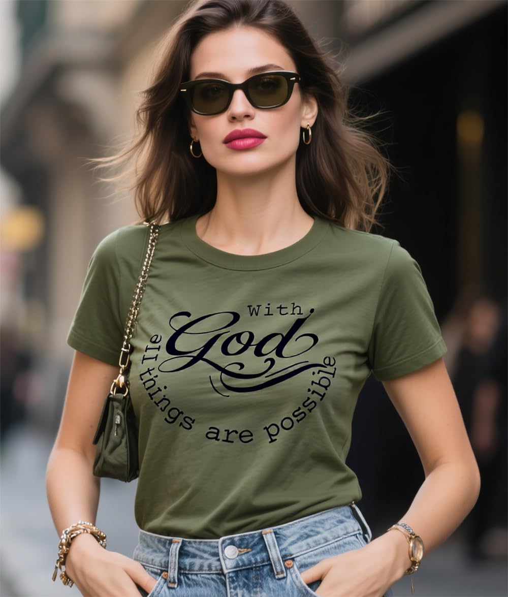 ▶ Camiseta para mujer con Dios Todas las Cosas son Possible, camiseta de Fe Sayings Cristiano Verano Jesús Gráfico Camiseta Casual, Verde ejército, XL