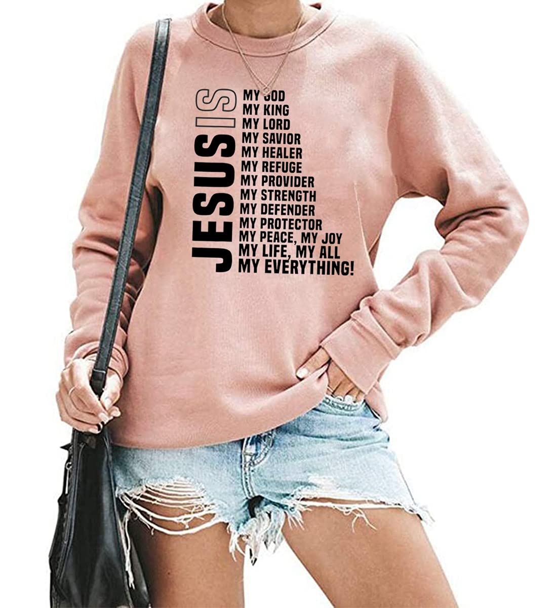 ▶ Sudadera cristiana de Jesus is My Everything para mujer, divertida camiseta con versículo de la Biblia de Jesucristo, Rosa/Rebel Fun., L