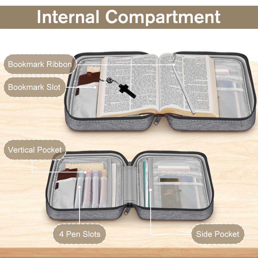 FINPAC - Funda bíblica de tamaño pequeño para libros de estudio de iglesia, funda protectora de la Biblia con asa y bolsillo con cierre para hombres y mujeres, madre y dama, Gris, Gray