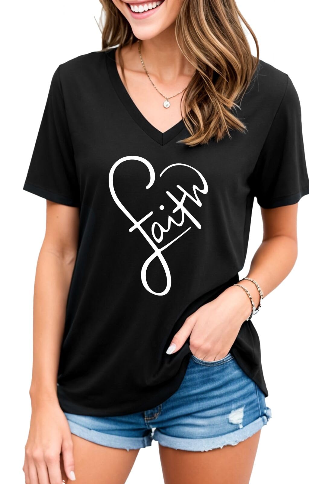 ▶ Mom's care Camisetas de fe Cruzada para Mujer, con Cuello en V, con Estampado de Letras, Playera Cristiana, Negro V, Small