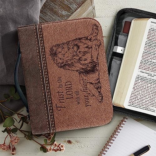 Dajingkj - Funda de piel para la Biblia para mujeres y hombres, tamaño grande, tamaño XL, organizador de transporte, bolsa de iglesia, bolsa con asa, Versículo bíblico con león, M