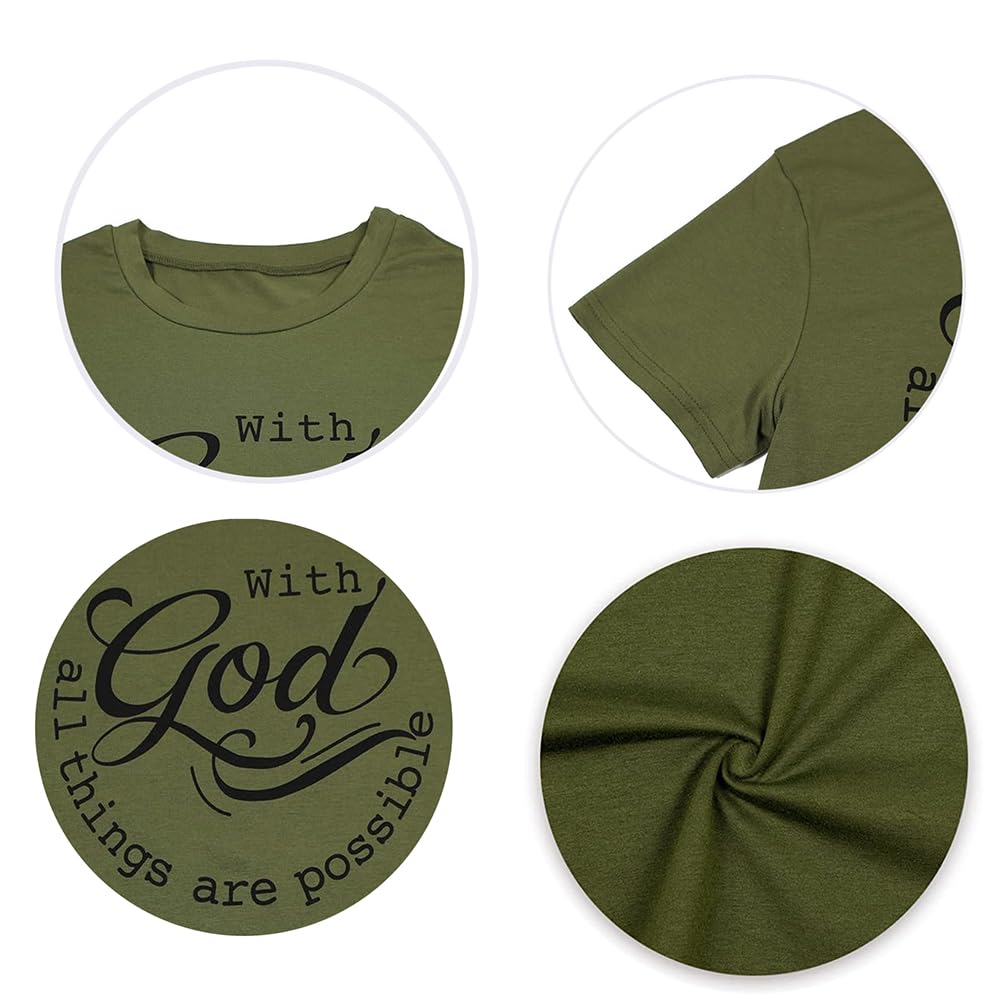 ▶ Camiseta para mujer con Dios Todas las Cosas son Possible, camiseta de Fe Sayings Cristiano Verano Jesús Gráfico Camiseta Casual, Verde ejército, XL