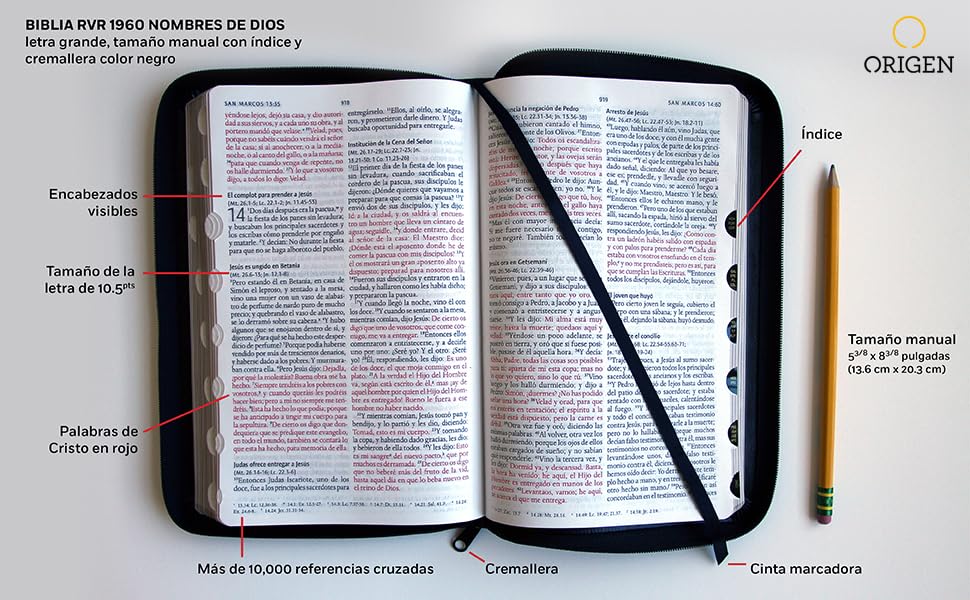 Biblia RVR60. Nombres de Dios letra grande tamaño manual piel negra índice y cremallera