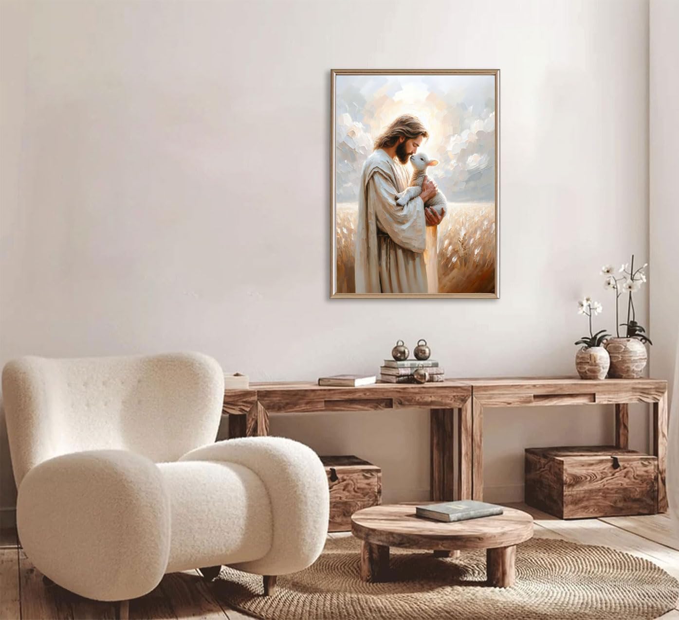 ▶Lona decorativo para pared con diseño de ovejas, Jesucristo, el buen pastor, pintura religiosa cristiana, póster para iglesia, sala de estar, recámara, decoración del hogar, 24 x 36