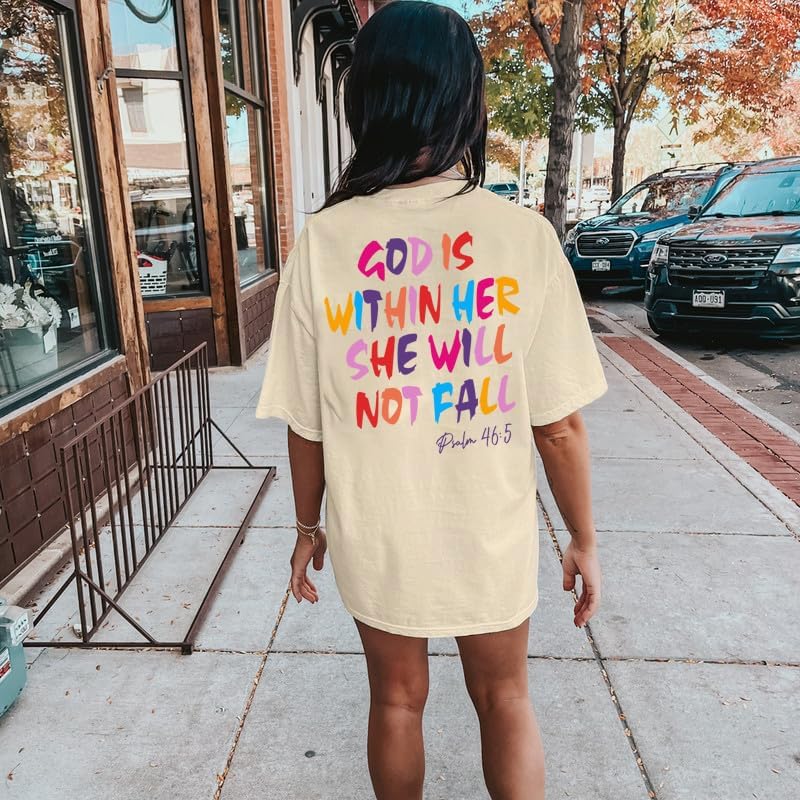 ▶Camisetas cristianas de gran tamaño para mujer, diseño de Dios está dentro de ella, camisetas de fe de Jesús, versículo bíblico inspirador, Albaricoque1, Small