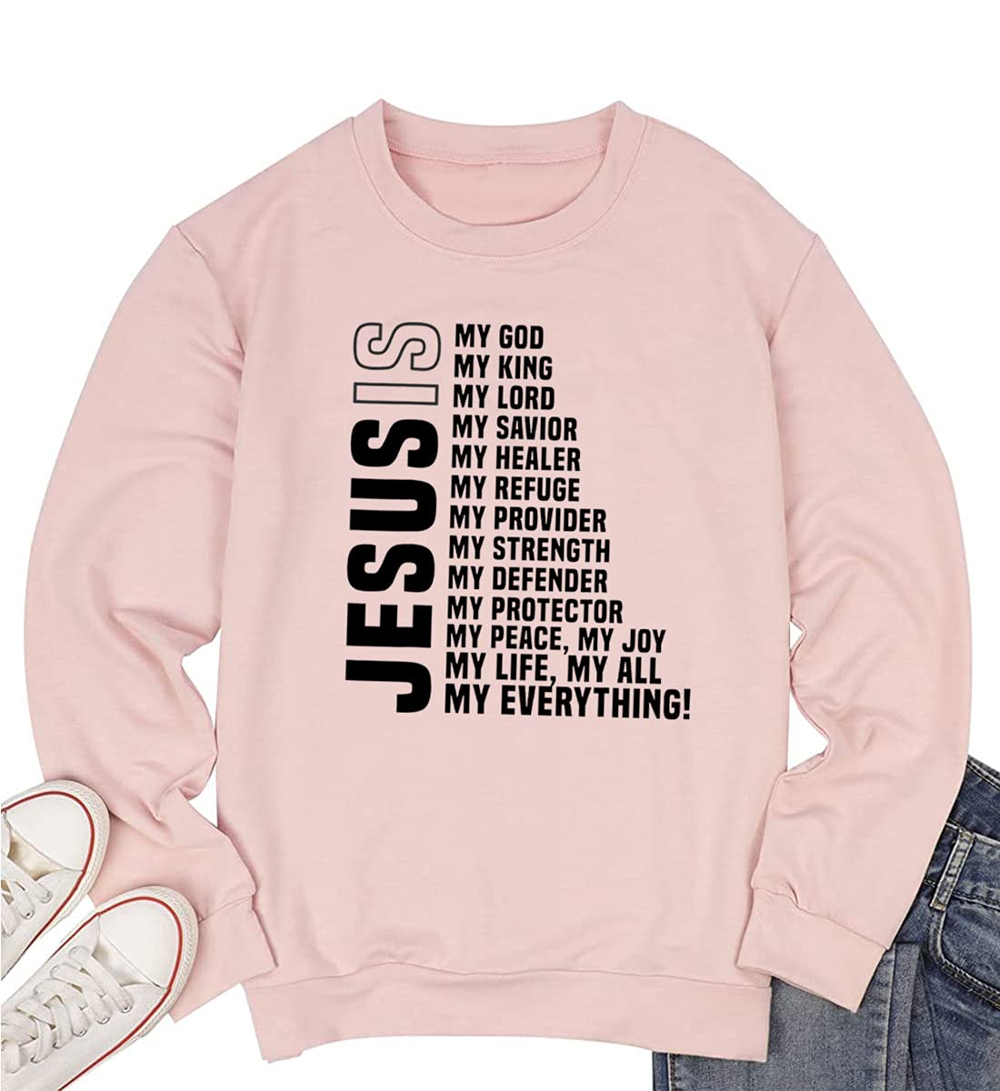 ▶ Sudadera cristiana de Jesus is My Everything para mujer, divertida camiseta con versículo de la Biblia de Jesucristo, Rosa/Rebel Fun., L