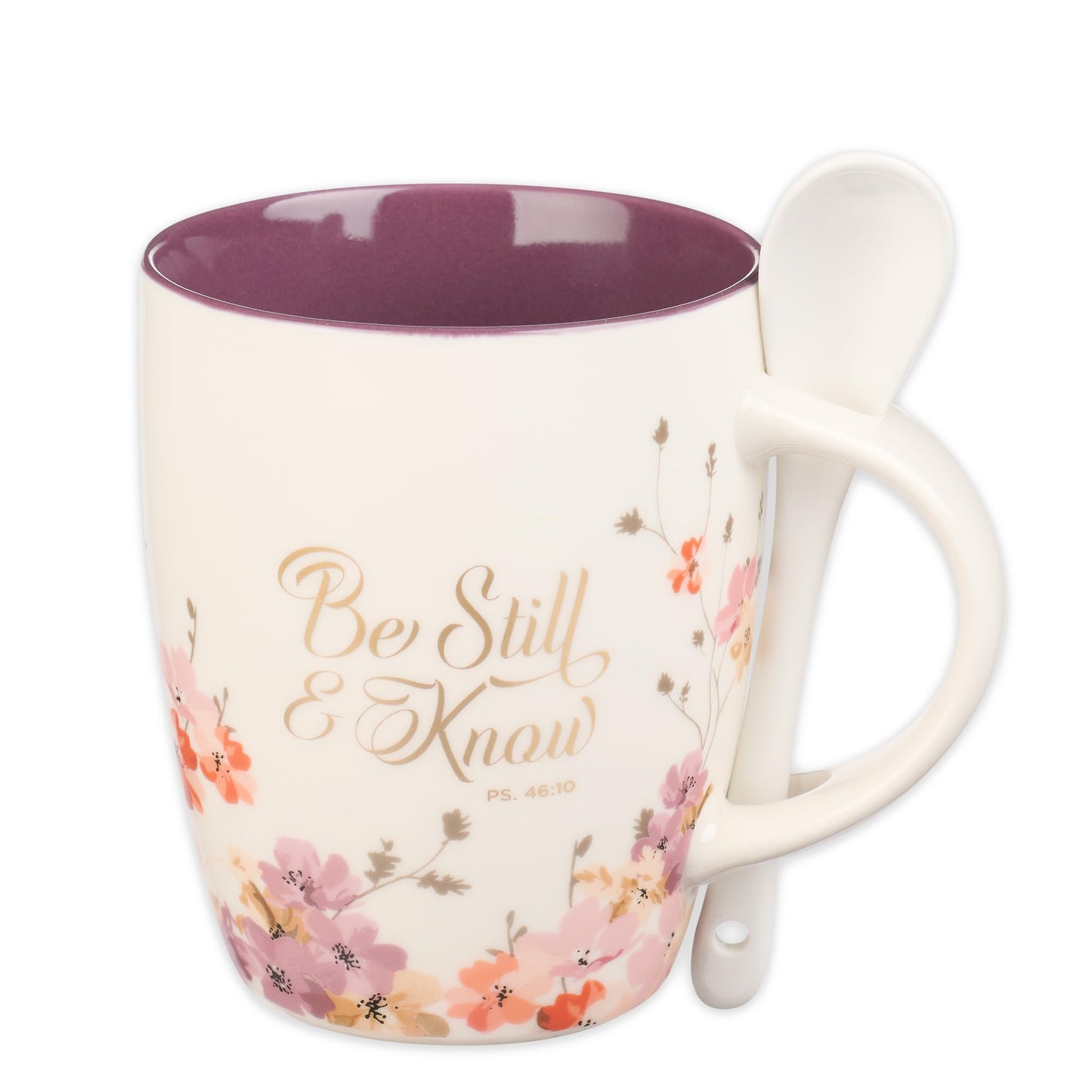 ▶ Taza de café y té con cuchara de cerámica para mujer: Be Still and Know - Salmo 46:10 mensaje inspirador de versículo bíblico para bebidas calientes y frías, flores moradas/blancas, 12 onzas