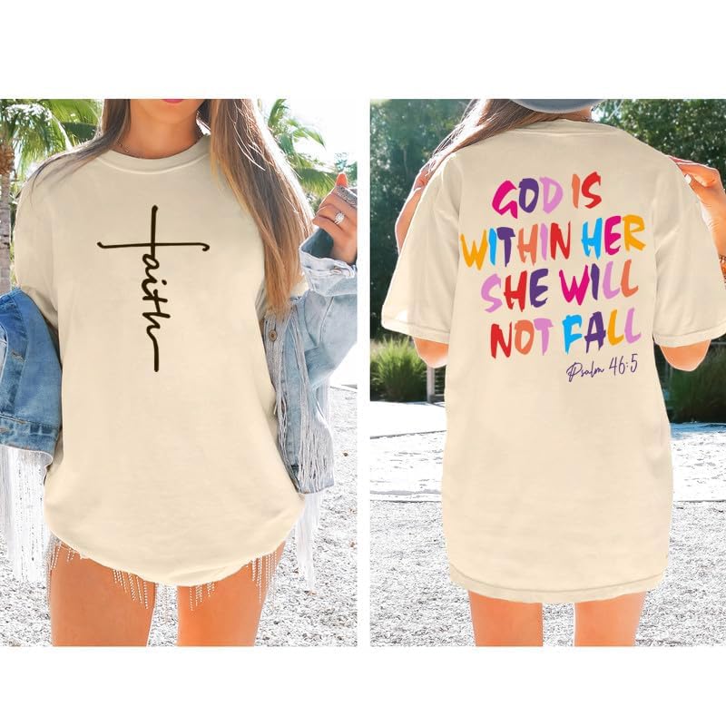 ▶Camisetas cristianas de gran tamaño para mujer, diseño de Dios está dentro de ella, camisetas de fe de Jesús, versículo bíblico inspirador, Albaricoque1, Small