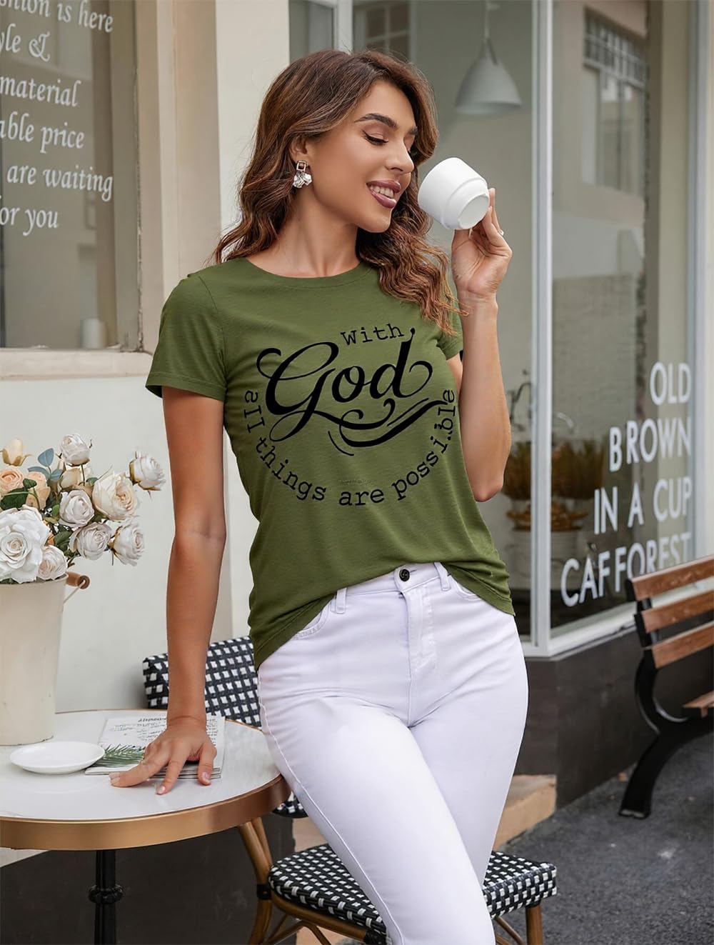 ▶ Camiseta para mujer con Dios Todas las Cosas son Possible, camiseta de Fe Sayings Cristiano Verano Jesús Gráfico Camiseta Casual, Verde ejército, XL