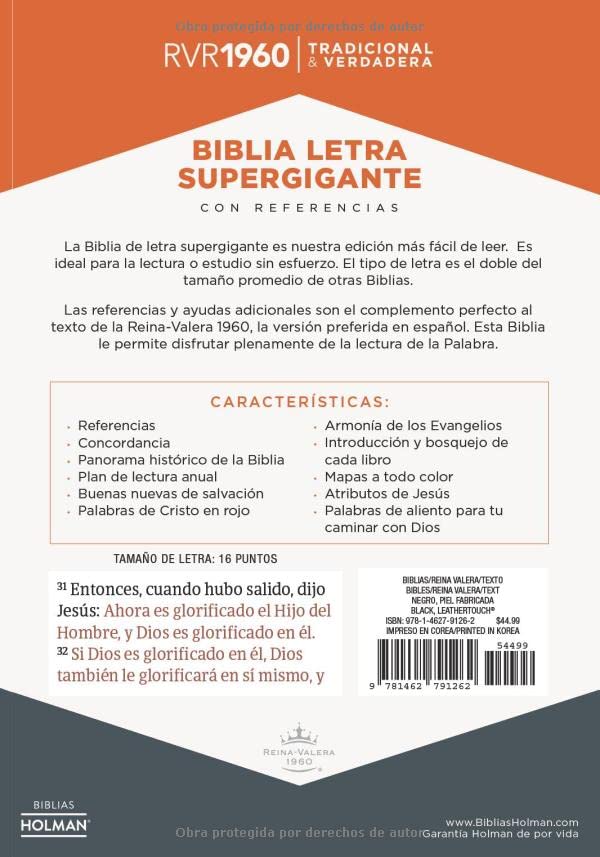 Biblia Reina Valera 1960 Letra Súper Gigante, negro, piel fabricada con índice