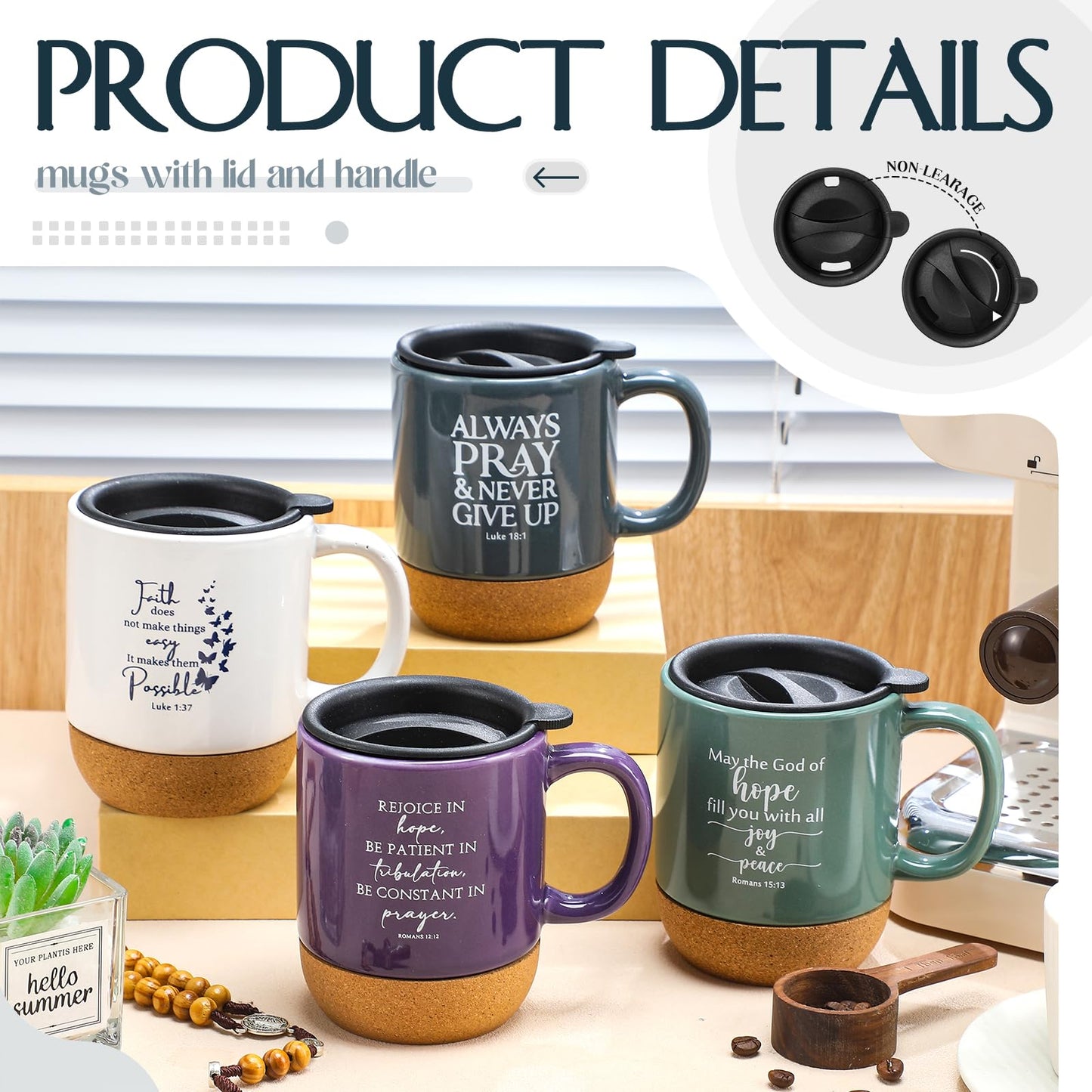 ▶ 4 tazas de café cristianas para pastor, regalo de agradecimiento para iglesia, mujeres y hombres, versos bíblicos a granel, taza inspiradora religiosa con parte inferior de corcho, para