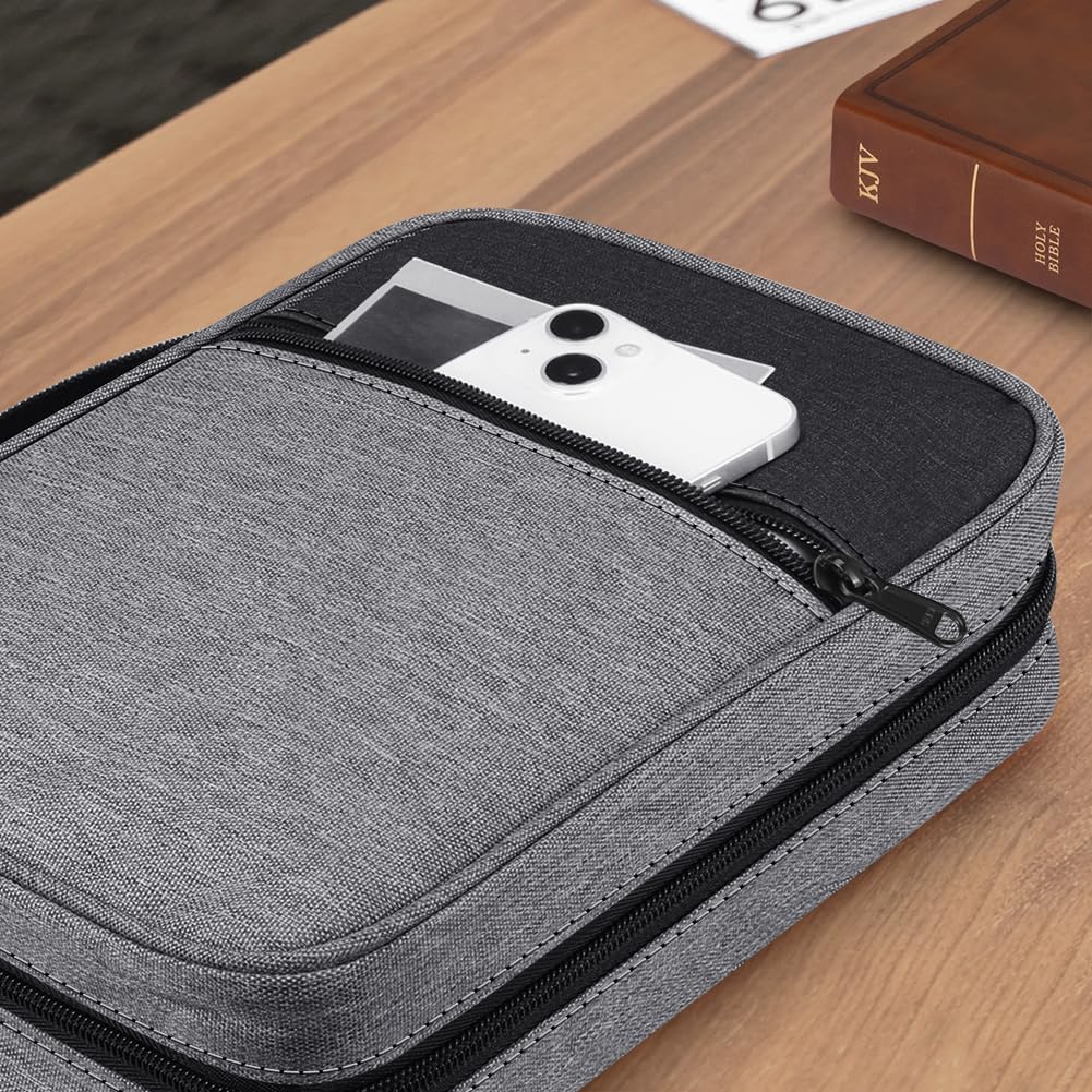 FINPAC - Funda bíblica de tamaño pequeño para libros de estudio de iglesia, funda protectora de la Biblia con asa y bolsillo con cierre para hombres y mujeres, madre y dama, Gris, Gray