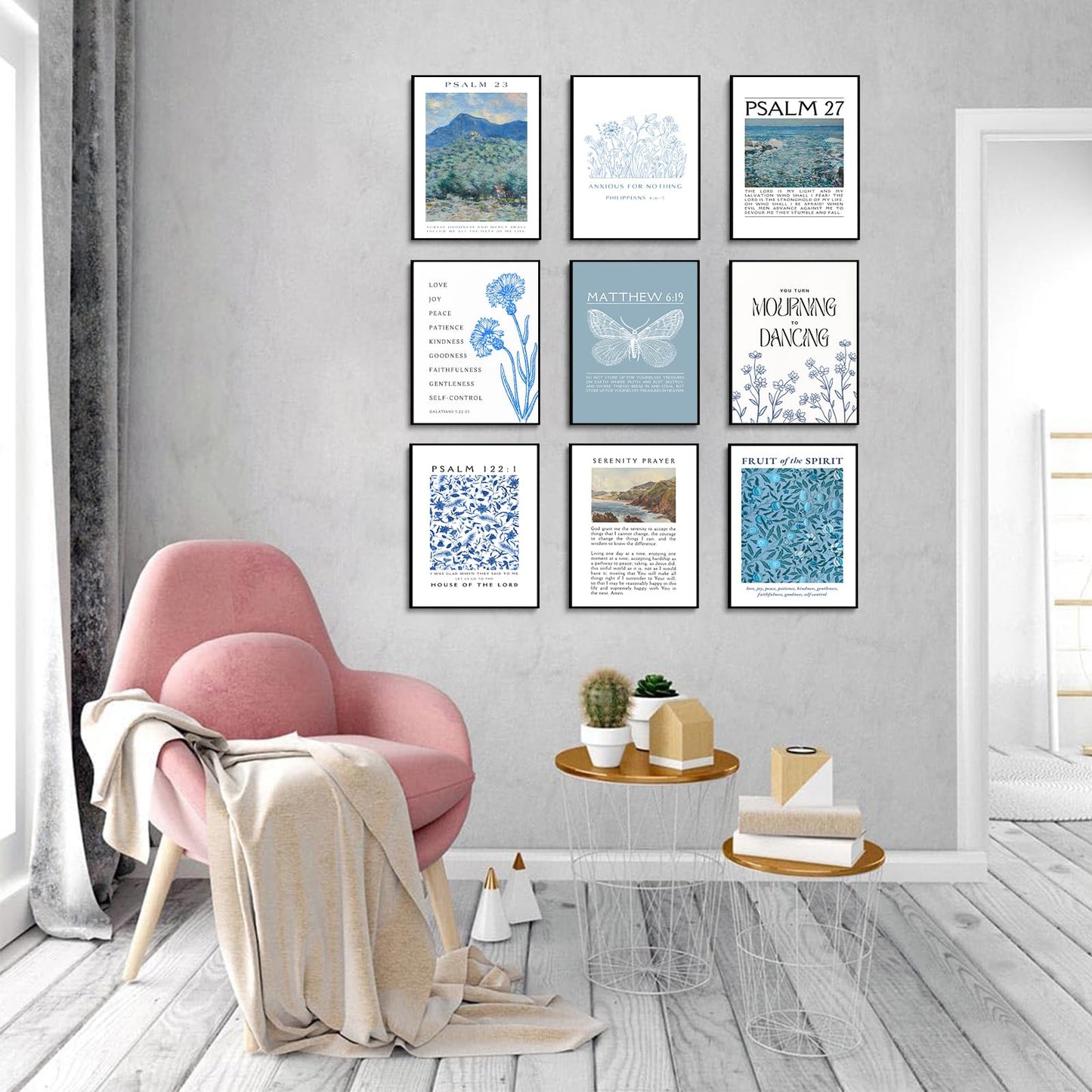 ▶  9 impresiones artísticas de pared con versículos de la Biblia azul cristiano, citas de escritura, carteles clásico, galería religiosa, decoración de pared, imágenes para sala de estar,