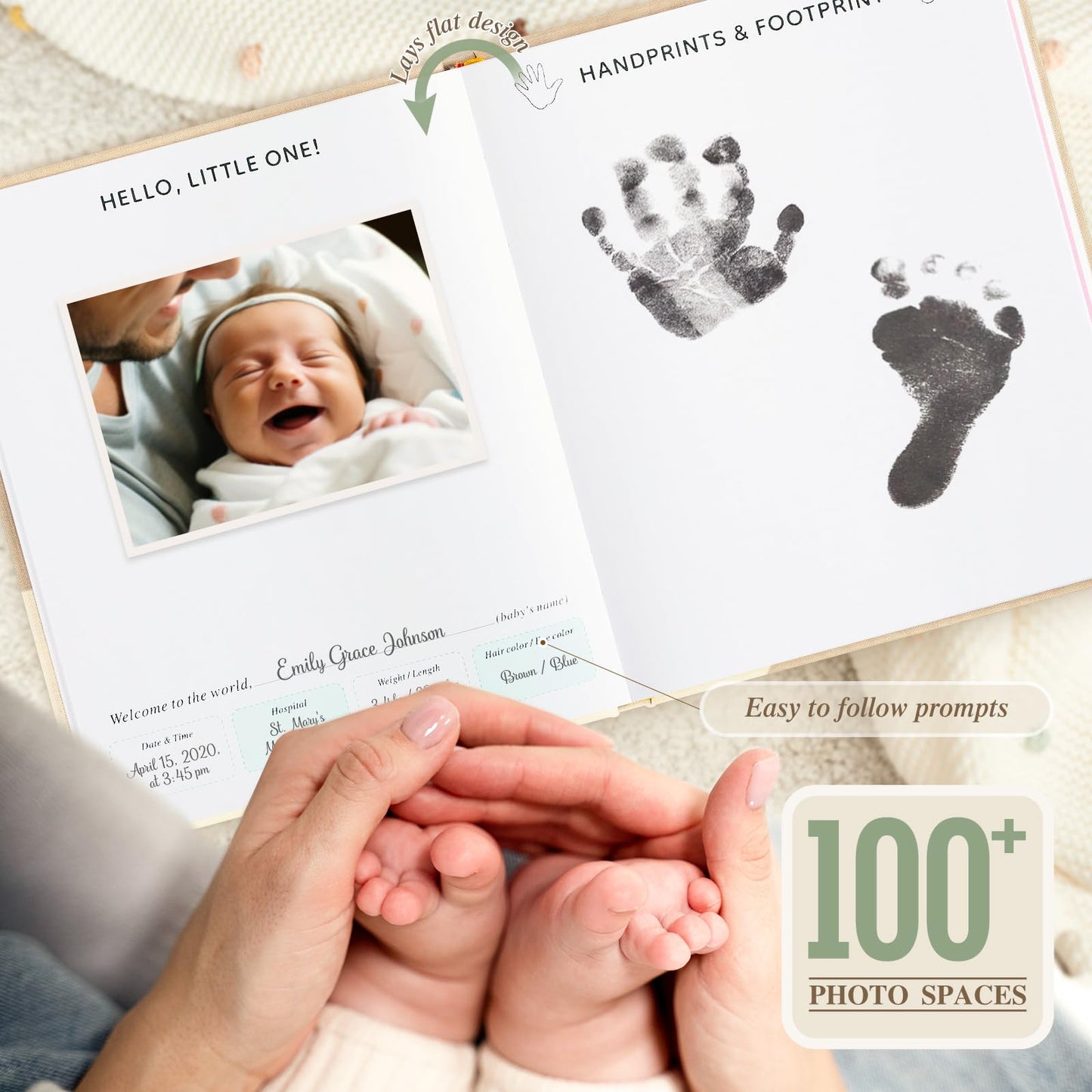 Lanpn Hello Baby First - Libro de recuerdos de 5 años para niño y niña, libro de lino de tapa dura para padres nuevos, diario para recién nacidos, álbum de recortes, álbum de fotos, libro de hitos