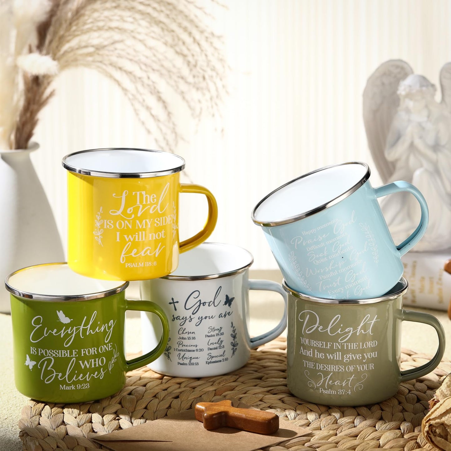 ▶ 10 tazas de café cristianas de 12 onzas con mango de esmalte religioso con versículo bíblico, regalos inspiradores para afirmaciones bíblicas para mujeres y hombres