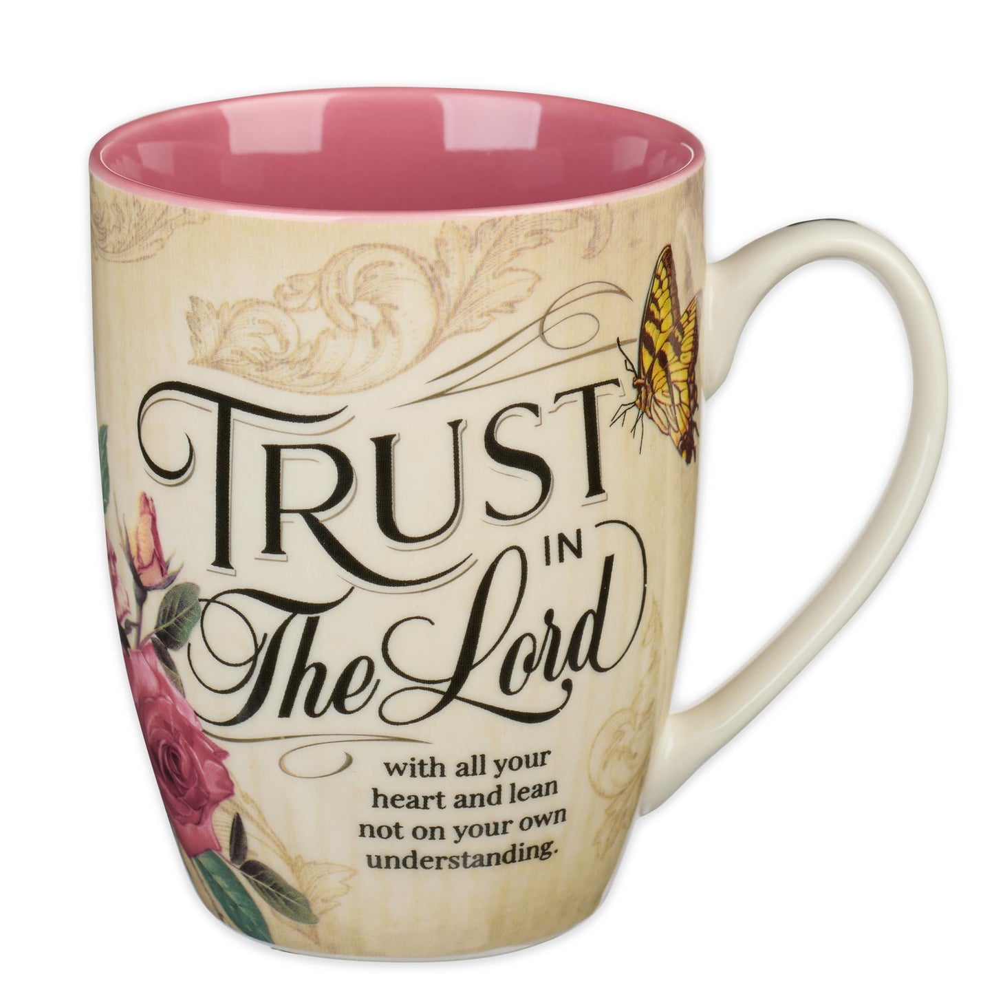 ▶ Taza de café de cerámica con mariposas amarillas y rosas – 12 onzas sin plomo inspiradoras escrituras para mujeres con versículo bíblico: Trust in the Lord – Proverbios 3:5