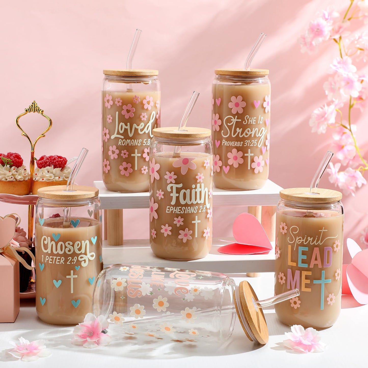 ▶ Juego de 6 tazas de café con texto cristiano de flores de 16 onzas, color rosa pastel, versículo de la Biblia, bonito vaso de café helado con tapa de bambú, para la escuela dominical y