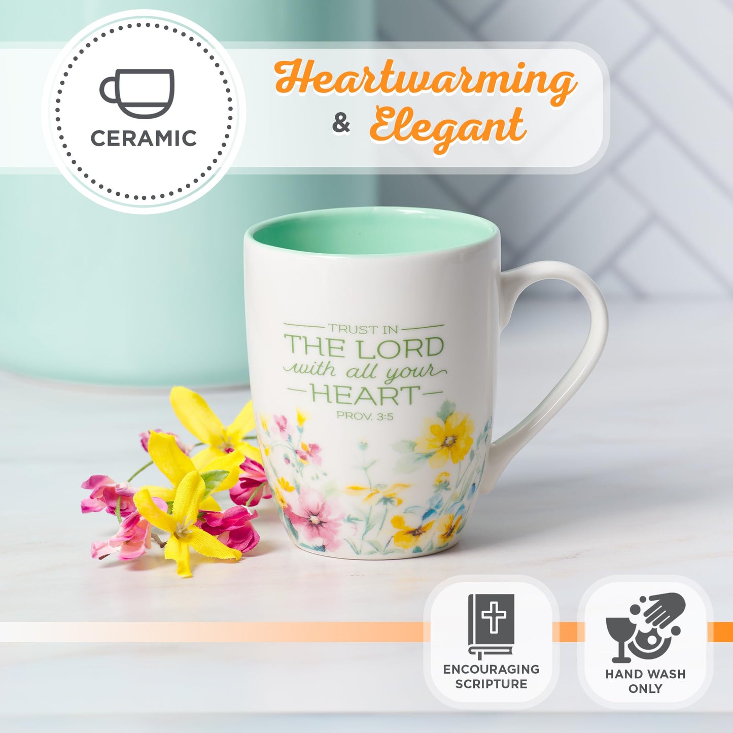 ▶ Taza inspiradora de cerámica para las escrituras de café y té para mujer: verso bíblico de confianza en el Señor, apto para microondas y lavaplatos, sin plomo, multicolor floral,