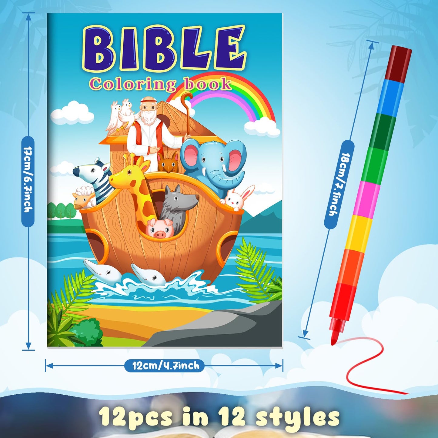 BenLouis - 12 libros cristianos para colorear para niños con 12 lápices de colores, versículo bíblico, religioso, pequeño libro para colorear a granel para niños, premios de la escuela dominical de