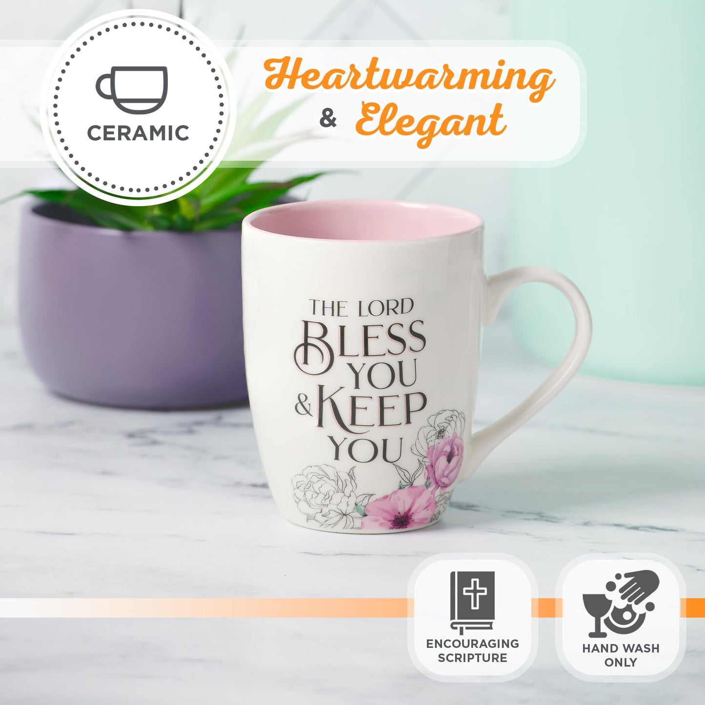 ▶ Taza de café y té de cerámica para mujer: May the Lord Bless You and Keep You - Números 6:24 versículo bíblico inspirador, floral, rosa, 12 onzas