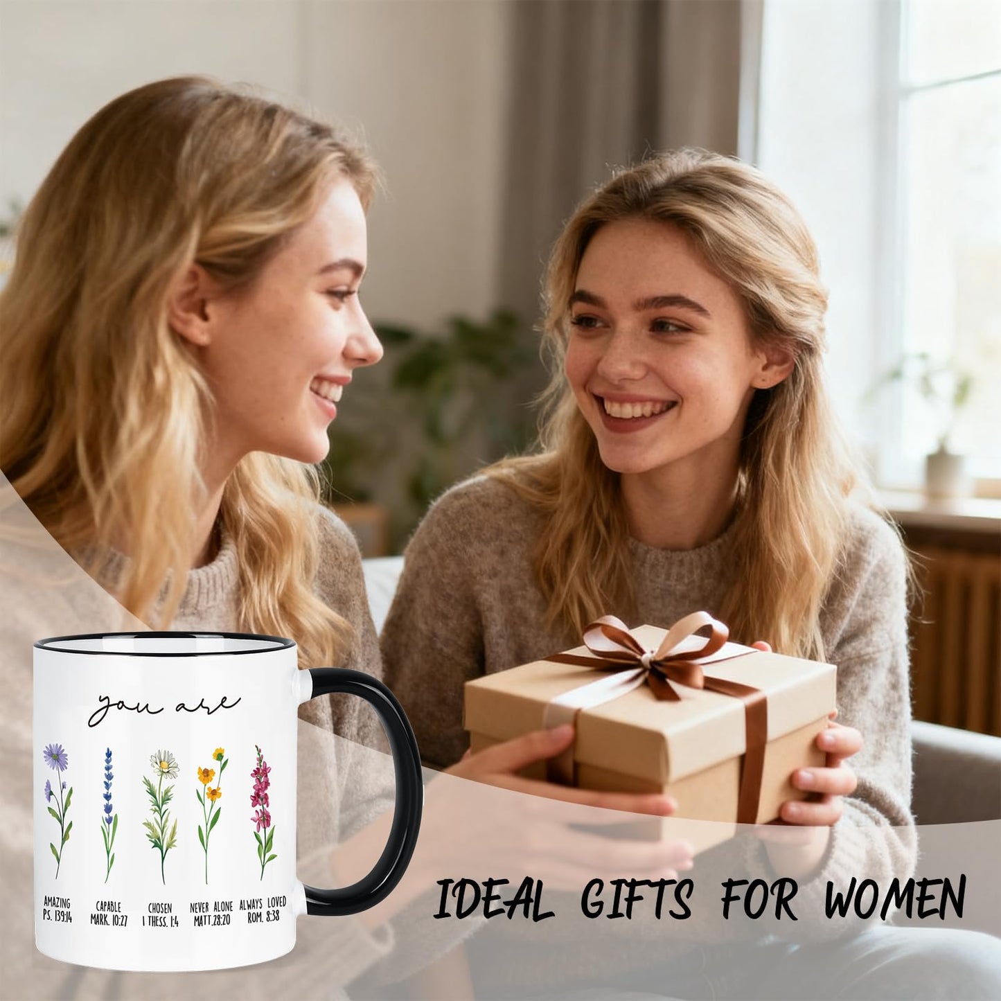 ▶ Regalos cristianos para mujeres, taza cristiana con flores, regalos de cumpleaños para mujeres, regalos inspiradores, religiosos para hermana, amiga, hija, mamá, taza de café cristiano, 11 onzas