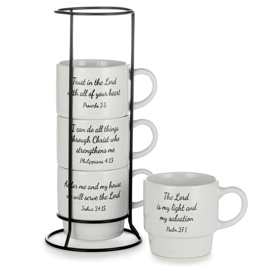 ▶ Juego de 4 tazas de café apilables con estante de alambre de metal, tazas de café de 15 onzas para café, té, cacao, leche, capuchino, chocolate caliente, versículos bíblicos