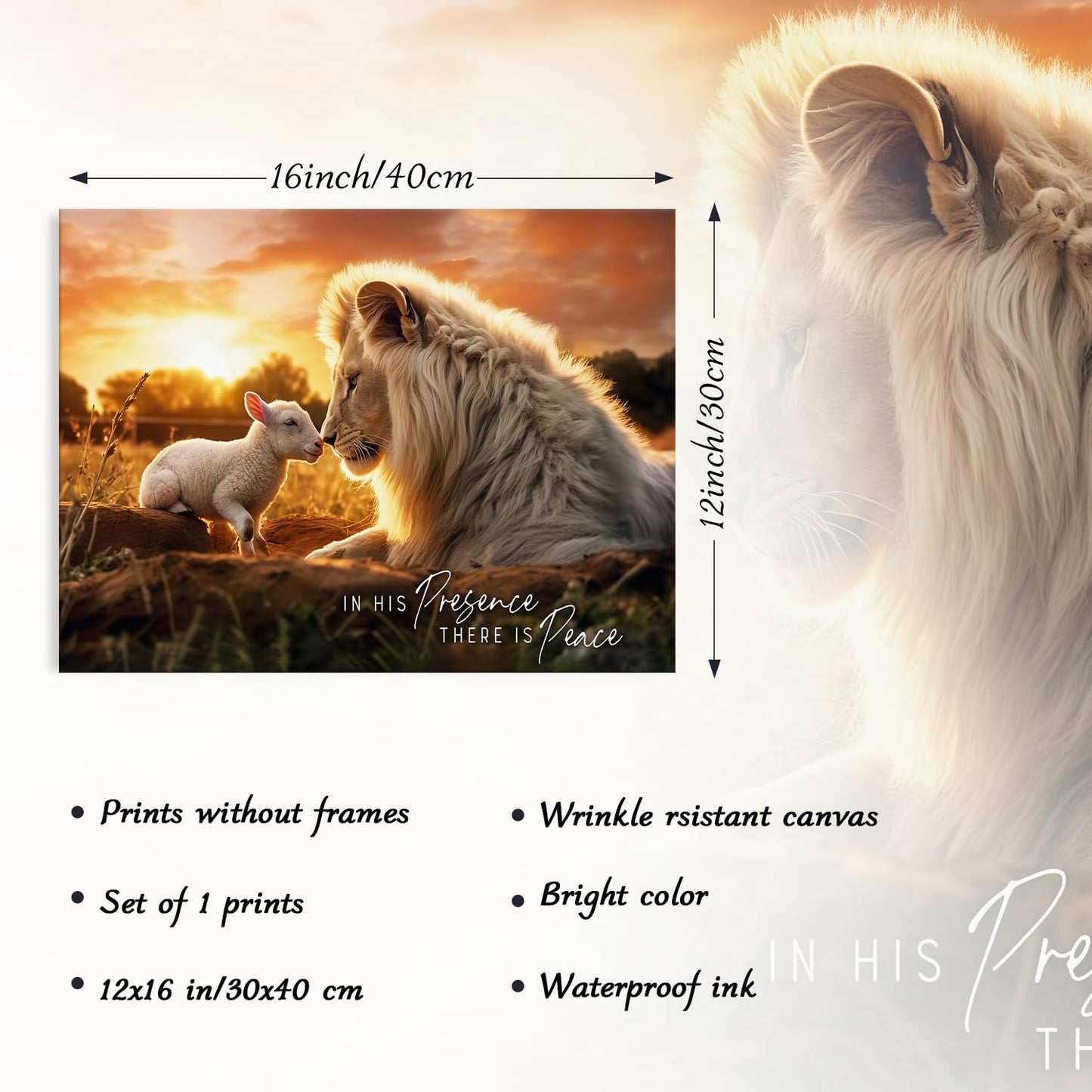 ▶ Mural de León y Cordero, En Su Presencia Hay Paz Lienzo Cristiano Cuadros para Salón Dormitorio Decoración 30 × 40 cm Sin Marco