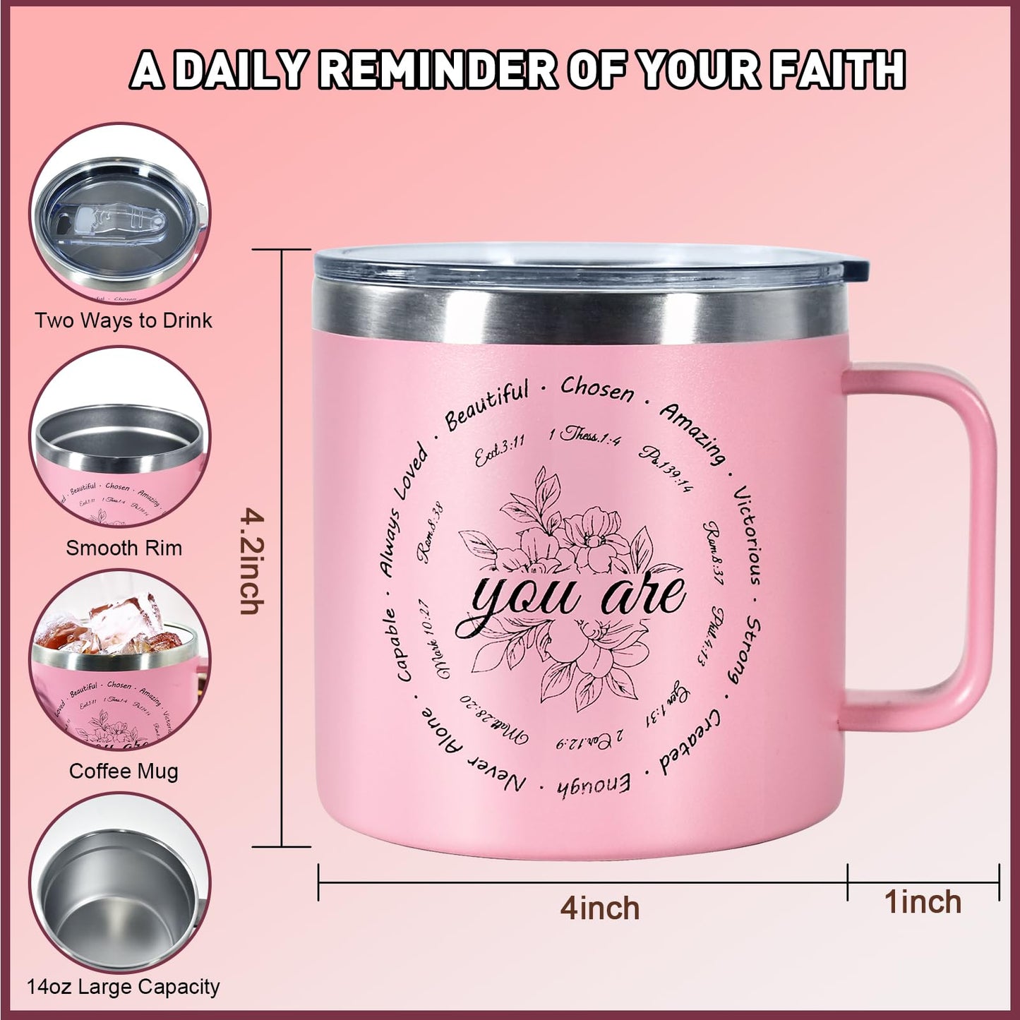 ▶ Regalos cristianos para mujeres, taza de café de 14 onzas, regalos inspiradores, taza de versículo de la Biblia, vaso aislado al aspiradora de acero inoxidable con estampados de flores, aprecia